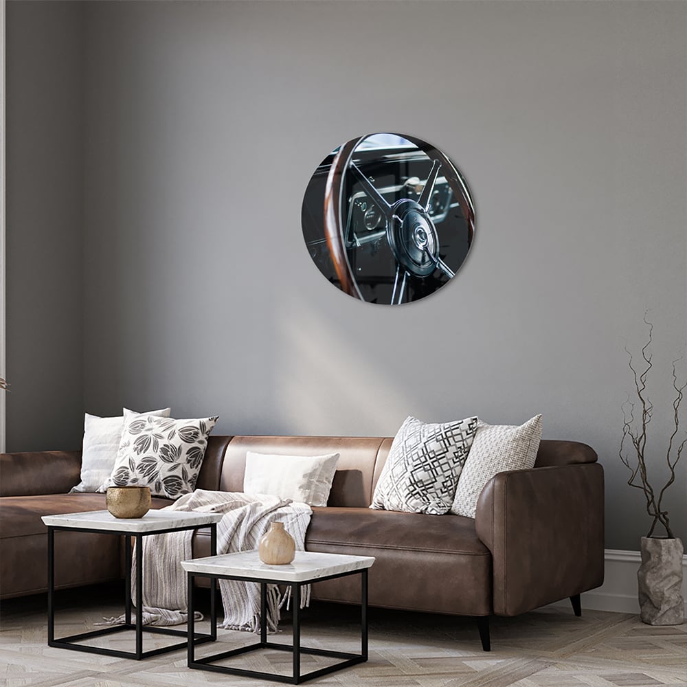Glasbild Vintage-Glasbild mit klassischem Lenkrad