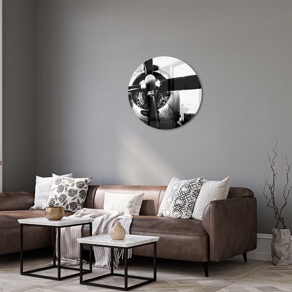 Schwarz-Weiß-Glasbild mit Vintage-Flugzeugpropeller