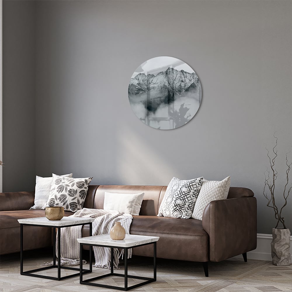Elegantes Glasbild mit Bergen in Schwarz-Weiß