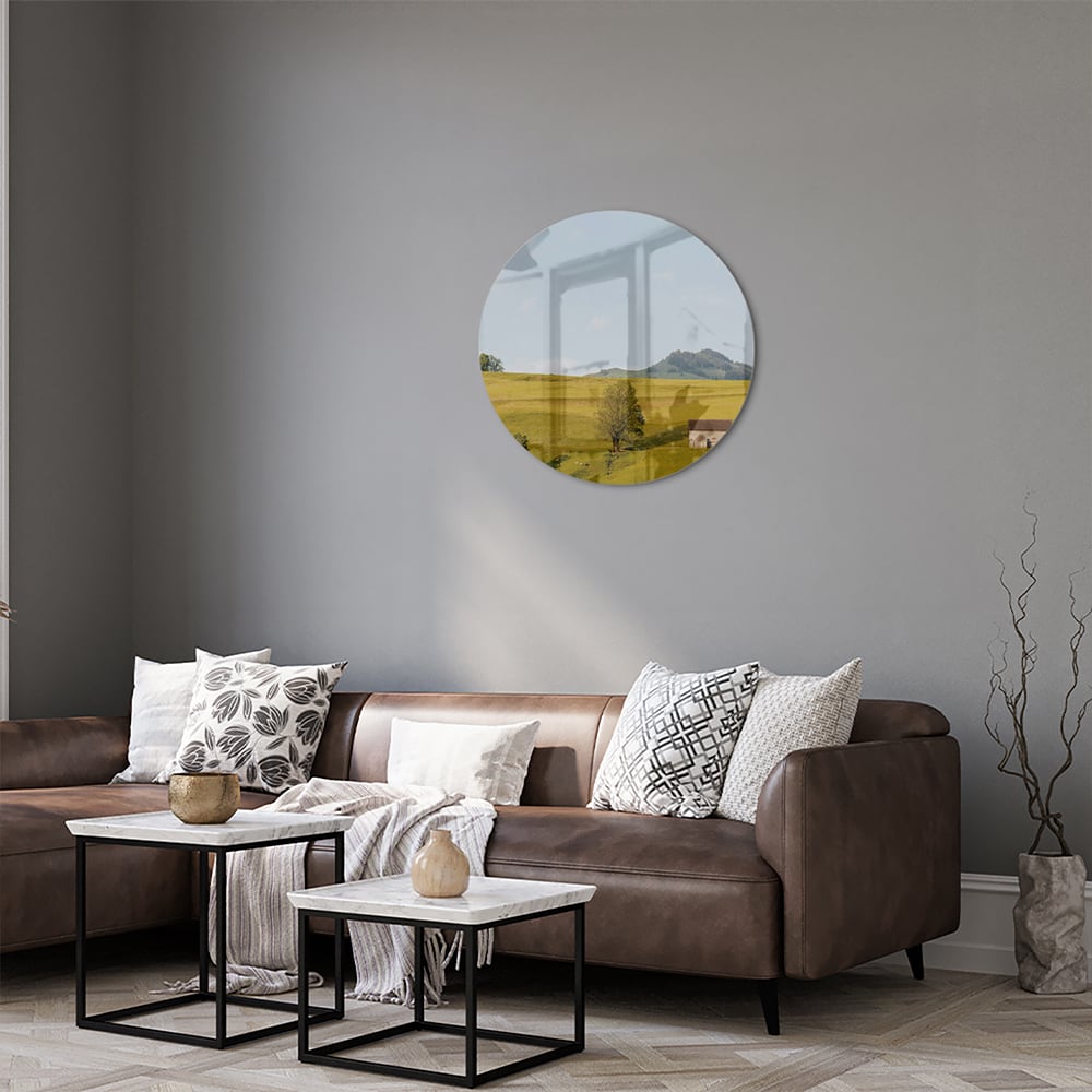 Glasbild mit grünen Hügeln in der Landschaft